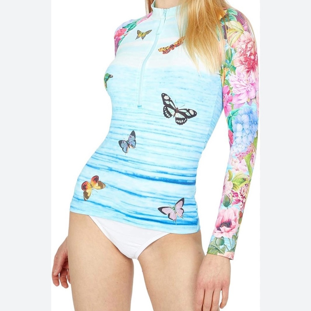 Johnny Was Aqua Butterfly & Floral Long Sleeve Swim Top